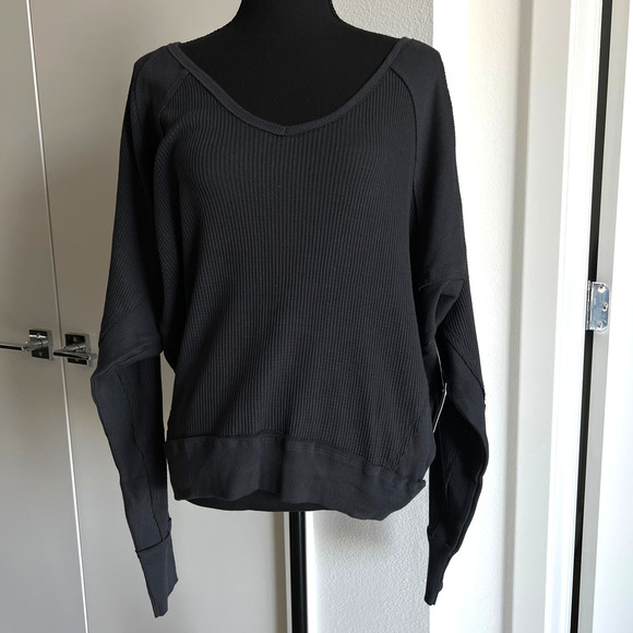 Free People Shirt Santa Clara Womens Small Thermal Oversized Black - Picture 2 of 11